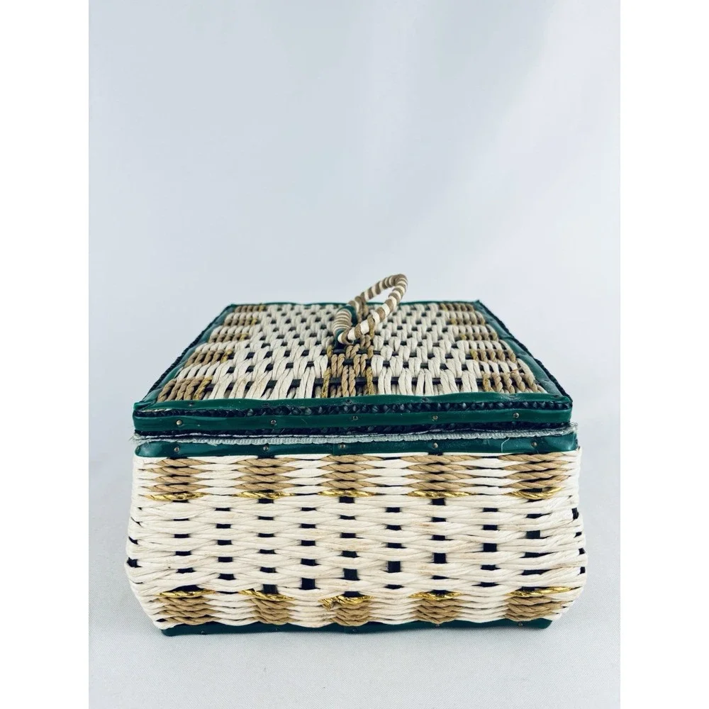 Vintage Wicker Sewing Basket / Music Box & Satin Lining Thread Supplies Works!